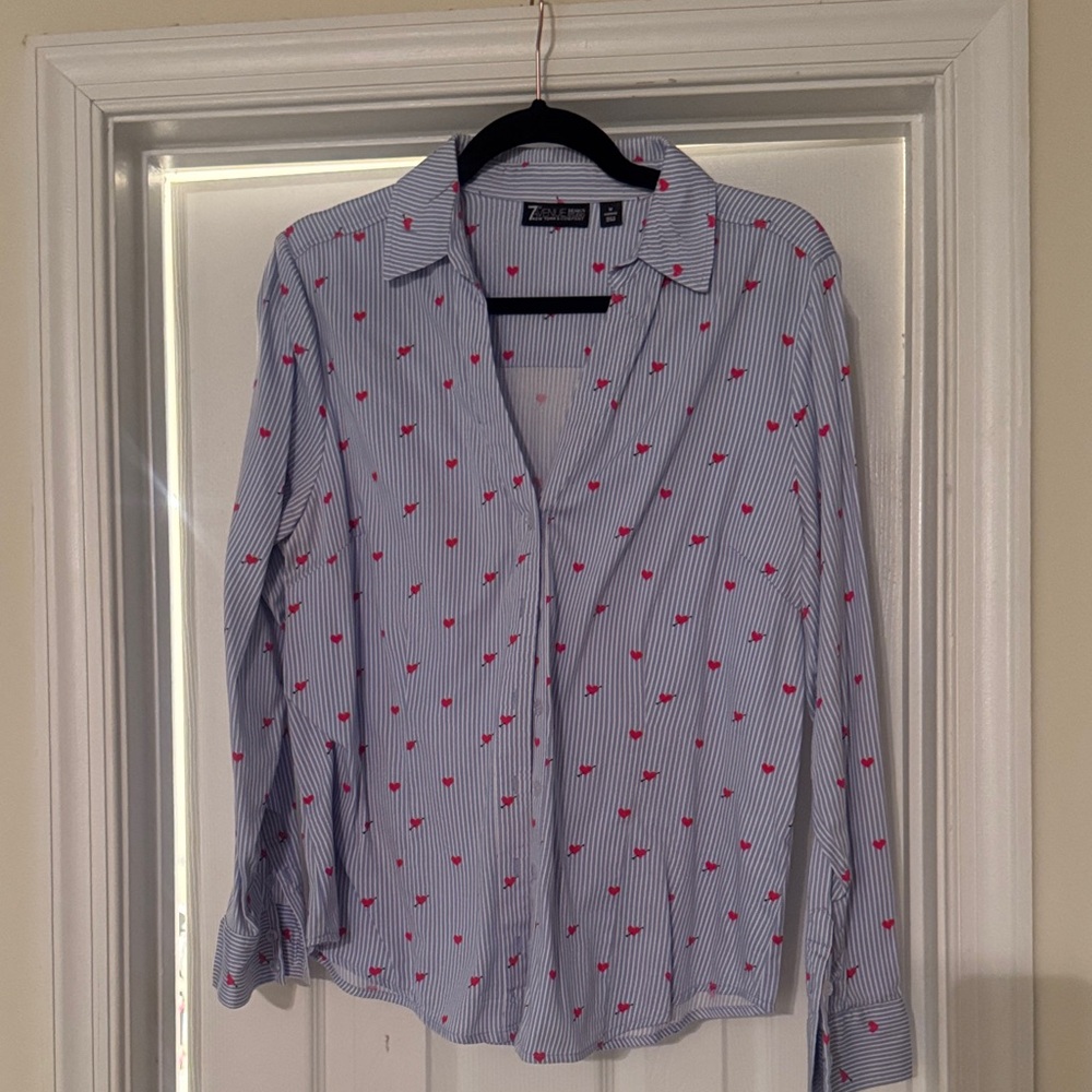 Women's Blue Striped Shirt with Pink Hearts